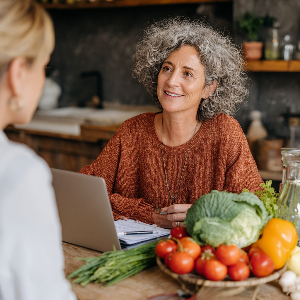 Nutritionist consulting with middle-aged client about healthy meal planning and balanced nutrition lifestyle